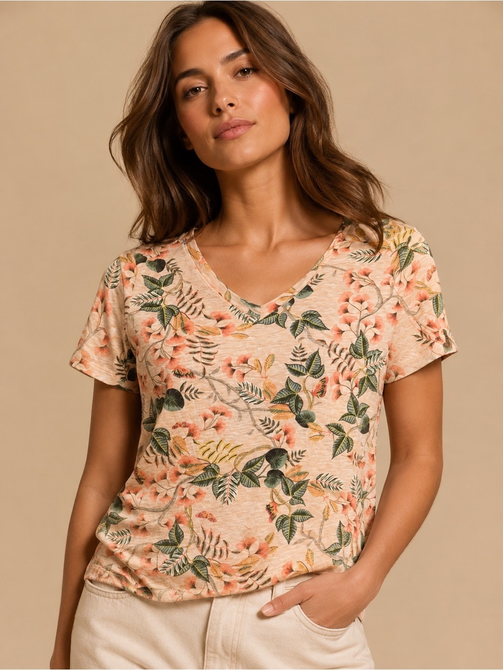 LOFT Peach Floral V-Neck Short Sleeve Top